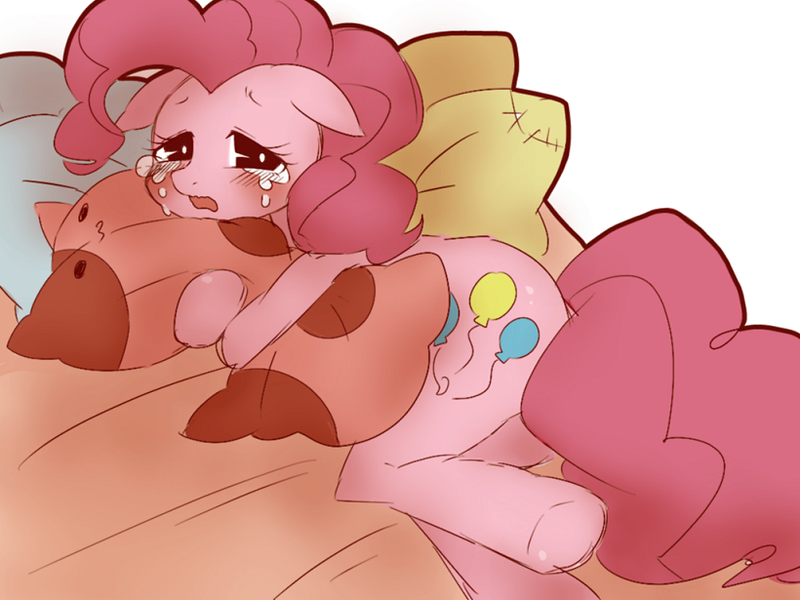 Size: 820x615 | Tagged: anatomically incorrect, artist:umeguru, cat, crying, derpibooru import, hug, incorrect leg anatomy, pillow, pinkie pie, pixiv, plushie, sad, safe, solo