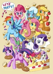 Size: 858x1200 | Tagged: safe, artist:moriguru, derpibooru import, apple bloom, applejack, derpy hooves, fluttershy, pinkie pie, rainbow dash, rarity, scootaloo, spike, sweetie belle, trixie, twilight sparkle, pegasus, pony, action poster, apple, cake, candy, candy cane, cupcake, cutie mark crusaders, donut, female, food, mane six, mare, muffin, pixiv, poster, tea