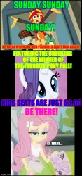 Size: 480x1024 | Tagged: safe, derpibooru import, fluttershy, rarity, snails, snips, sunset shimmer, equestria girls, caps lock, caption, colorful, favorite pony poll, monster truck rally, sunday! sunday! sunday!