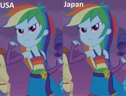 Size: 495x378 | Tagged: safe, derpibooru import, edit, rainbow dash, equestria girls, fake, japan, pettanko, united states, usa/japan