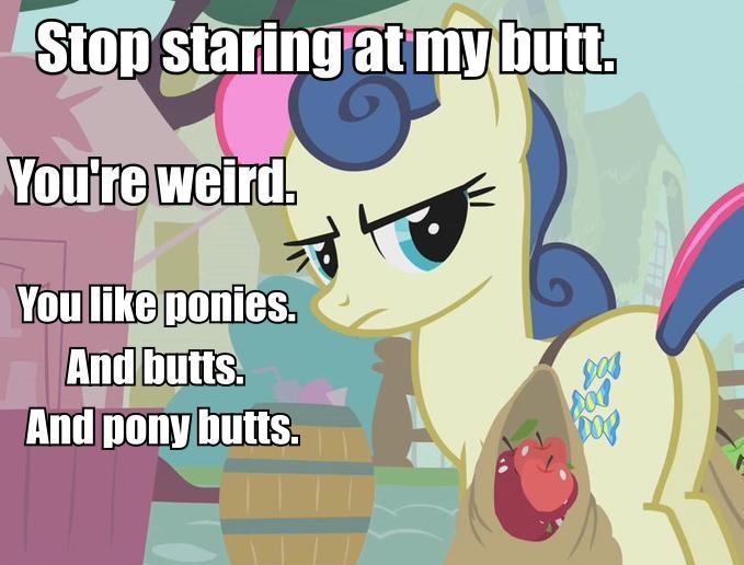 Size: 679x516 | Tagged: bon bon, bon bon is not amused, brony, butts, caption, derpibooru import, fanfic, fourth wall, frown, glare, image macro, looking back, plot, safe, solo, sour candy (fic), sweetie drops, unamused