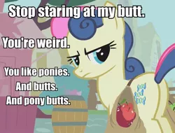 Size: 679x516 | Tagged: bon bon, bon bon is not amused, brony, butts, caption, derpibooru import, fanfic, fourth wall, frown, glare, image macro, looking back, plot, safe, solo, sour candy (fic), sweetie drops, unamused