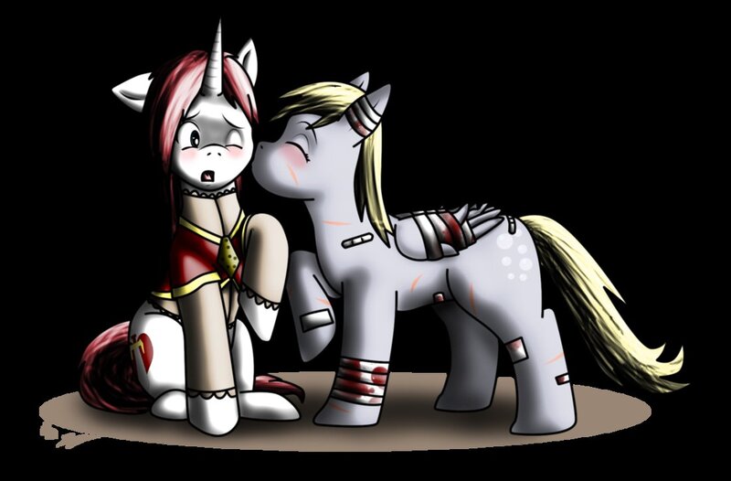 Size: 1102x725 | Tagged: semi-grimdark, artist:evil-rick, derpibooru import, derpy hooves, oc, pegasus, pony, blushing, female, kissing, lesbian, mare