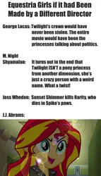 Size: 500x872 | Tagged: safe, derpibooru import, rarity, spike, sunset shimmer, twilight sparkle, equestria girls, george lucas, j.j. abrams, joss whedon, lens flare, m. night shyamalan, text