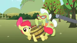 Size: 1690x951 | Tagged: apple bloom, artist:dtkraus, barrel, bucket, derpibooru import, edit, glasses, granny smith, safe, wat