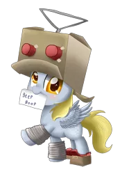 Size: 2763x3918 | Tagged: safe, artist:pridark, derpibooru import, derpy hooves, pegasus, pony, robot, box, costume, cute, filly, mouth hold, pridark is trying to murder us, simple background, smiling, soldier, solo, team fortress 2, the tin soldier, transparent background, younger