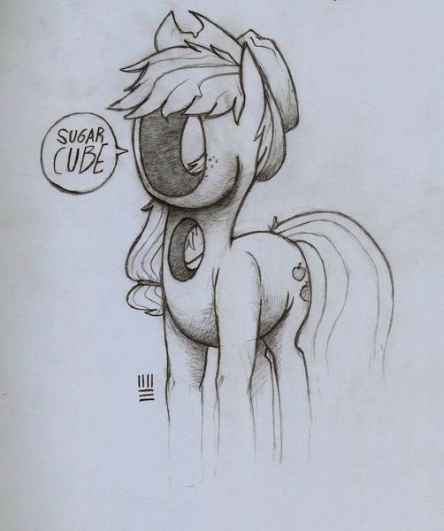 Size: 1188x1419 | Tagged: applejack, artist:ashesandpudding, derpibooru import, hole, holes, monochrome, safe, salt sphere, solo, sugarcube, surreal, traditional art, wat