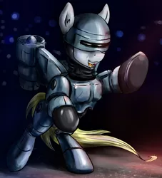 Size: 1036x1139 | Tagged: safe, artist:rule1of1coldfire, derpibooru import, derpy hooves, ponified, pegasus, pony, female, mare, robocop, solo