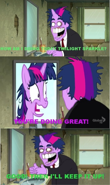 Size: 712x1201 | Tagged: artist:eppleblam, comic, derpibooru import, edit, family guy, gary busey, insanity, mirror, reflection, safe, text, twilight snapple, twilight sparkle