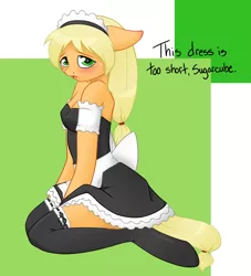 Size: 1280x1408 | Tagged: anthro, applejack, apron, armband, artist:noodlefreak88, blushing, bow, breasts, clothes, derpibooru import, embarrassed, female, hooves, kneeling, maid, maidjack, solo, solo female, stockings, suggestive, thigh highs, unguligrade anthro, zettai ryouiki