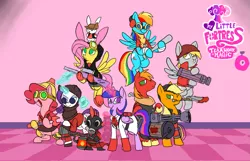 Size: 1477x949 | Tagged: safe, artist:metal-kitty, derpibooru import, angel bunny, applejack, big macintosh, derpy hooves, fluttershy, pinkie pie, rainbow dash, rarity, spike, twilight sparkle, twilight sparkle (alicorn), alicorn, earth pony, pegasus, pony, unicorn, bunny ears, dangerous mission outfit, demo jack, demoman, derpy soldier, engie pie, engineer, female, flying, glasses, glowing horn, goggles, gun, hat, heavy, heavy mac, heavy weapons guy, hooves, horn, levitation, machine gun, magic, male, mane seven, mane six, mare, medic, open mouth, optical sight, pyro, rainbow scout, rarispy, red team, rifle, scout, sniper, sniper rifle, snipershy, soldier, spike pyro, spread wings, spy, stallion, team fortress 2, telekinesis, text, twi medic, weapon, wings