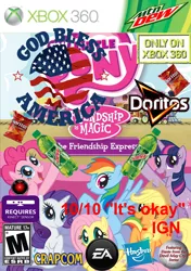 Size: 752x1066 | Tagged: applejack, box art, capcom, chips, clusterfuck, derpibooru import, doritos, ea, featuring dante from the devil may cry series, fluttershy, game, hal 9000, hasbro, ign, logo, mane six, mountain dew, mtn dew, murica, pinkie pie, product placement, rainbow dash, rarity, safe, seems legit, soda, twilight sparkle, video game, xbox, xbox 360