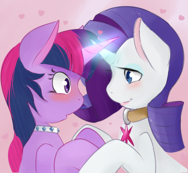 Size: 1630x1505 | Tagged: artist:kryptchild, blushing, collar, cutie mark collar, derpibooru import, eye contact, female, heart, holding hooves, hornboner, horns are touching, lesbian, magic, :o, open mouth, rarilight, rarity, safe, shipping, smiling, twilight sparkle, wide eyes