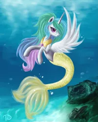 Size: 963x1200 | Tagged: safe, artist:daffydream, derpibooru import, princess celestia, alicorn, mermaid, merpony, pony, seapony (g4), bubble, crepuscular rays, cute, digital art, ethereal mane, feather, female, fish tail, flowing mane, flowing tail, gem, horn, image, lidded eyes, looking at you, mare, ocean, peytral, pink eyes, png, rock, sealestia, seaponified, seapony celestia, signature, smiling, smiling at you, solo, species swap, sunlight, swimming, tail, underwater, water, wings