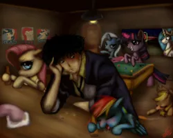 Size: 1100x880 | Tagged: applejack, artist:miokomata, bar, cigarette, cowboy bebop, crossover, derpibooru import, drunk, drunk aj, drunker dash, drunkershy, drunk twilight, fluttershy, human, princess celestia, rainbow dash, safe, smoking, spike spiegel, trixie, twilight sparkle