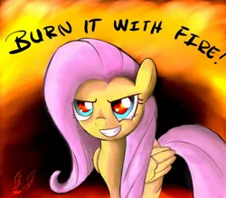 Size: 1200x1050 | Tagged: artist:miokomata, derpibooru import, fire, fluttershy, insanity, pyromaniac, safe, solo