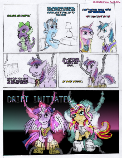 Size: 772x1000 | Tagged: safe, artist:redenaz, deleted from derpibooru, derpibooru import, princess cadance, shining armor, spike, sunset shimmer, trixie, twilight sparkle, twilight sparkle (alicorn), alicorn, pony, female, mare, neural handshake, pacific rim