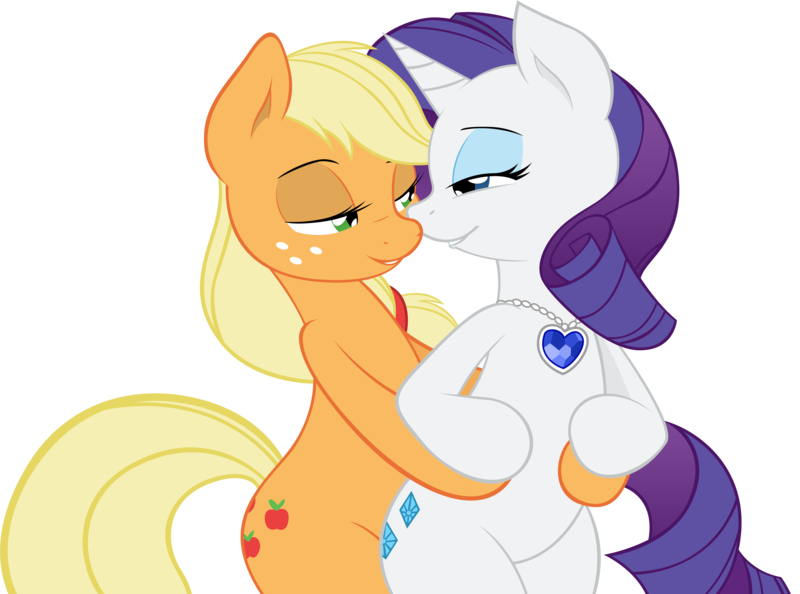 Size: 10000x7430 | Tagged: safe, artist:alexpony, artist:joey darkmeat, derpibooru import, applejack, rarity, earth pony, pony, unicorn, .psd available, absurd resolution, bedroom eyes, female, freckles, jewelry, lesbian, looking at each other, mare, necklace, rarijack, shipping, simple background, smiling, transparent background, vector