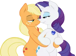 Size: 10000x7430 | Tagged: safe, artist:alexpony, artist:joey darkmeat, derpibooru import, applejack, rarity, earth pony, pony, unicorn, .psd available, absurd resolution, bedroom eyes, female, freckles, jewelry, lesbian, looking at each other, mare, necklace, rarijack, shipping, simple background, smiling, transparent background, vector