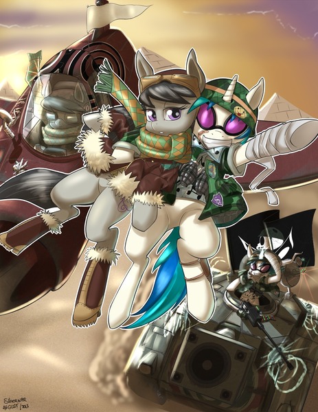 Size: 965x1250 | Tagged: safe, artist:siberwar, derpibooru import, octavia melody, vinyl scratch, earth pony, pony, unicorn, bandage, bomber jacket, clothes, crossover, driving, female, grenade, helmet, hooves, horn, mare, military, sunglasses, tank (vehicle), tank girl, teeth, weapon