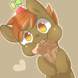 Size: 1500x1500 | Tagged: safe, artist:sion, derpibooru import, button mash, earth pony, pony, buttonbetes, colt, cute, drink, foal, hat, heart, hooves, looking at you, male, milkshake, pixiv, propeller hat, solo, tongue out