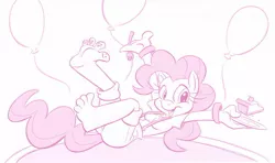 Size: 1280x759 | Tagged: anthro, artist:kuroi-wolf, balloon, barefoot, breasts, cake, derpibooru import, feet, female, fetish, foot fetish, foot focus, happy, monochrome, pinkie pie, plantigrade anthro, safe, soles, solo, toes