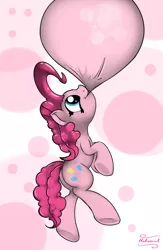 Size: 1300x2000 | Tagged: safe, artist:malamol, derpibooru import, pinkie pie, earth pony, pony, blowing, bubblegum, female, floating, mare, smiling, solo