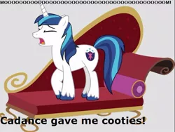 Size: 652x491 | Tagged: cooties, couch, derpibooru import, fainting couch, image macro, meme, princess cadance, safe, shining armor, text, whining armor, younger