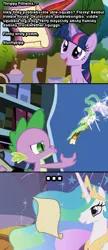 Size: 400x925 | Tagged: safe, derpibooru import, princess celestia, spike, twilight sparkle, dragon mail, fire, green fire, image macro, letter, nonsense, wat