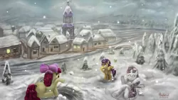 Size: 1920x1080 | Tagged: apple bloom, artist:anttosik, cutie mark crusaders, derpibooru import, safe, scootaloo, snow, snow angel, snowball, snowfall, sweetie belle, winter