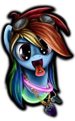 Size: 700x1120 | Tagged: dead source, safe, artist:xioade, derpibooru import, rainbow dash, pony, drug use, drugs, ecstasy, glowstick, goggles, jewelry, mdma, necklace, portrait, rave, simple background, solo, transparent background, whistle