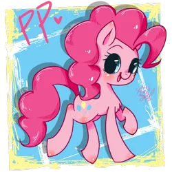 Size: 750x750 | Tagged: safe, artist:snow angel, derpibooru import, pinkie pie, earth pony, pony, abstract background, blushing, chest fluff, cute, diapinkes, female, heart, mare, open mouth, pixiv, solo