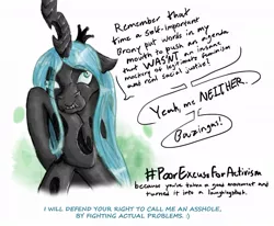 Size: 1161x958 | Tagged: bazinga, derp face, dmca face, down with molestia, down with molestia drama, down with this sort of thing, drama, mouthpiece, parody, queen chrysalis, safe, social justice