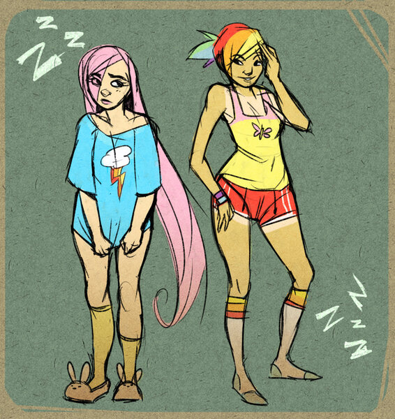 Size: 900x954 | Tagged: safe, artist:royalshark, derpibooru import, fluttershy, rainbow dash, human, accessory swap, bottomless, clothes, clothes swap, female, flutterdash, humanized, lesbian, shipping, tan