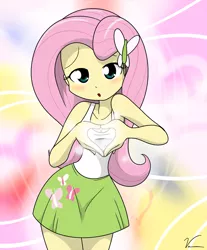 Size: 826x1000 | Tagged: safe, artist:sandwich-anomaly, derpibooru import, fluttershy, equestria girls, :o, blushing, breasts, cleavage, clothes, cute, glow, heart, heart hands, looking at you, miniskirt, moe, moe moe kyun, skirt, solo