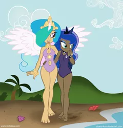 Size: 953x991 | Tagged: artist:chano-kun, barefoot, beach, belly button, clothes, dark skin, derpibooru import, feet, happy, hug, human, humanized, light skin, navel cutout, nervous, one-piece swimsuit, open mouth, princess celestia, princess luna, safe, shy, smiling, spread wings, standing, swimsuit