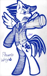 Size: 1680x2704 | Tagged: safe, artist:kayelark, derpibooru import, ponified, pony, ace attorney, bipedal, phoenix wright, sketch, solo, traditional art