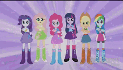 Size: 601x343 | Tagged: safe, derpibooru import, applejack, fluttershy, pinkie pie, rainbow dash, rarity, twilight sparkle, equestria girls, animated, boots, commercial, dancing, eg stomp, equestria girls prototype, high heel boots, magic of friendship (equestria girls), mane six, the equestria stompers