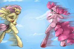 Size: 3012x2012 | Tagged: semi-grimdark, artist:insanitylittlered, derpibooru import, fluttershy, pinkie pie, pony, smile hd, bipedal, blood, fight, scene interpretation