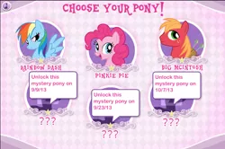 Size: 750x499 | Tagged: safe, derpibooru import, official, screencap, big macintosh, pinkie pie, rainbow dash, earth pony, pony, game, hubworld, hubworld.com, male, stallion