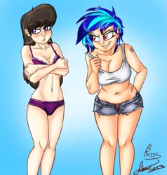 Size: 659x691 | Tagged: alternative cutie mark placement, artist:drizziedoodles, artist:fatcakes, belly button, bellyring, big breasts, blushing, bra, breasts, busty octavia, busty vinyl scratch, cleavage, clothes, cutie mark, daisy dukes, derpibooru import, duo, duo female, ear piercing, earring, embarrassed underwear exposure, female, females only, human, humanized, jewelry, lingerie, octavia is not amused, octavia melody, open fly, panties, piercing, suggestive, tanktop, unamused, underwear, vinyl scratch