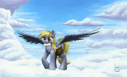 Size: 1800x1092 | Tagged: safe, artist:zevironmoniroth, derpibooru import, derpy hooves, pegasus, pony, cloud, cloudy, female, letter, mail, mailbag, mare, mouth hold, solo