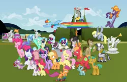 Size: 7696x4978 | Tagged: safe, artist:drewdini, derpibooru import, apple bloom, applejack, big macintosh, bon bon, derpy hooves, discord, doctor whooves, fluttershy, lyra heartstrings, octavia melody, photo finish, pinkie pie, rainbow dash, rarity, scootaloo, snails, snips, spike, steven magnet, sweetie belle, sweetie drops, time turner, trixie, twilight sparkle, vinyl scratch, zecora, bird, parasprite, pegasus, pony, rabbit, zebra, absurd resolution, blushing, cello, cutie mark crusaders, everypony, female, friendship express, gem, lesbian, lyrabon, magic, male, mane seven, mane six, mare, musical instrument, octavia is not amused, pocket watch, scooter, scroll, shipping, smiling, statue, telekinesis, train, unamused