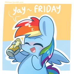 Size: 500x500 | Tagged: safe, artist:lifeloser, derpibooru import, rainbow dash, pony, semi-anthro, bipedal, blushing, chibi, cider, cider dash, cute, dashabetes, eyes closed, female, friday, mare, open mouth, smiling, solo, yay