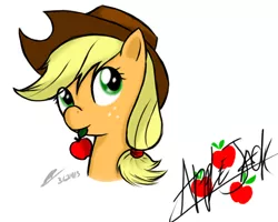 Size: 1000x800 | Tagged: apple, applejack, artist:fullmetalpikmin, looking up, mouth hold, obligatory apple, portrait, safe, simple background, solo