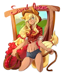 Size: 826x966 | Tagged: dead source, safe, artist:tomoe-chi, derpibooru import, applejack, human, clothes, eared humanization, freckles, humanized, lasso, midriff, solo, tailed humanization