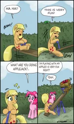 Size: 1852x3080 | Tagged: safe, artist:ciriliko, derpibooru import, applejack, pinkie pie, pony, :3, apple, comic, creeper, seesaw, silly, silly pony, that pony sure does love apples, who's a silly pony, zas