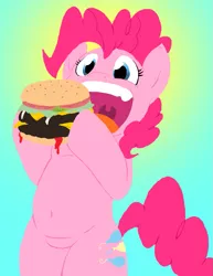 Size: 821x1065 | Tagged: safe, artist:mac-smith, artist:titi, derpibooru import, pinkie pie, pony, belly button, bipedal, cheeseburger, colored, eating, hoof hold, meat, open mouth, ponies eating meat, smiling, solo