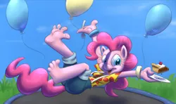 Size: 1280x759 | Tagged: anthro, artist:draneas, artist:kuroi-wolf, balloon, barefoot, bouncing, cake, colored, derpibooru import, feet, fork, jumping, open mouth, pinkie pie, plantigrade anthro, plate, safe, smiling, solo, trampoline