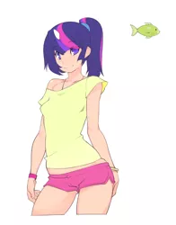 Size: 578x738 | Tagged: alternate hairstyle, artist:doxy, clothes, derpibooru import, fish, horned humanization, human, humanized, light skin, looking at you, off shoulder, safe, shorts, simple background, solo, twilight sparkle, white background